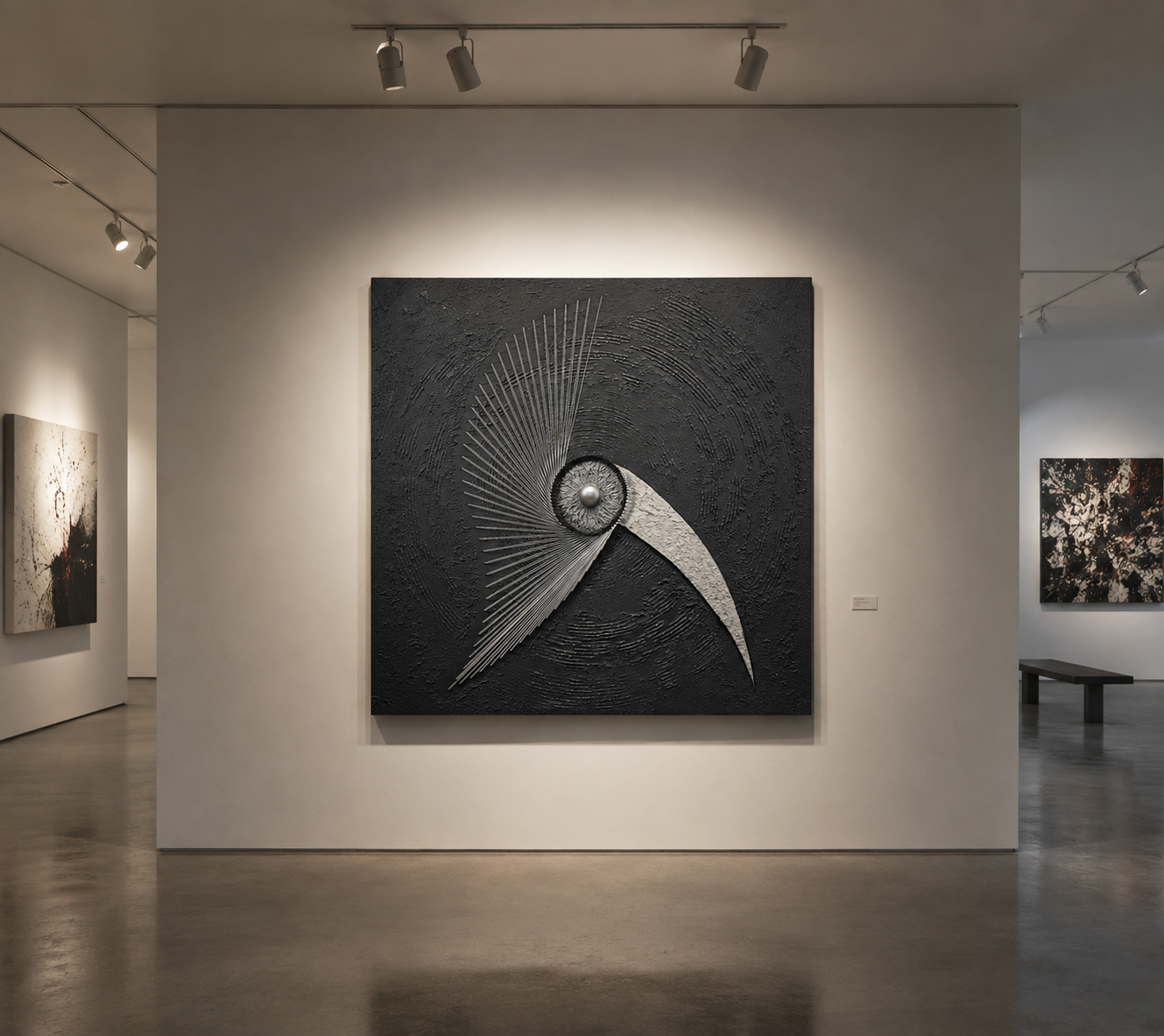 Abstract black and silver sculpture artwork on display in an art gallery with white walls and track lighting.