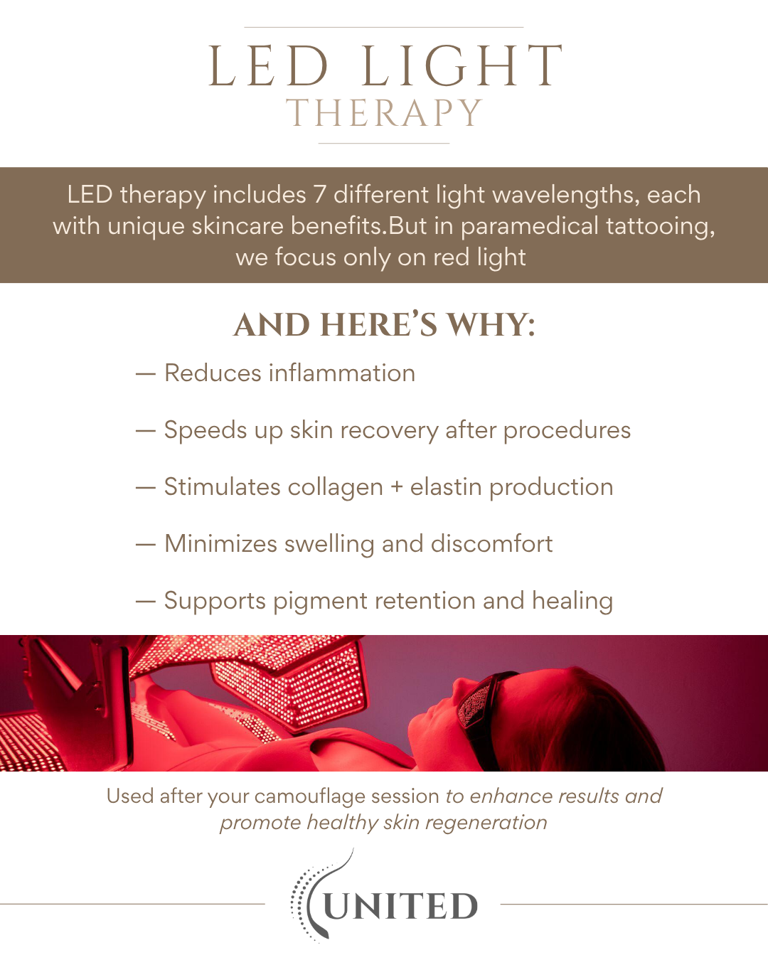 LED / red light therapy benefits for paramedical tattooing - reduces inflammation, speeds skin recovery, stimulates collagen and elastin, minimizes swelling, and supports pigment retention. Client receiving red light therapy treatment.