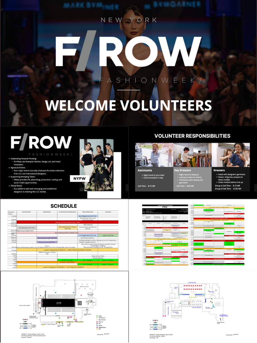A promotional poster for F/ROW Fashion Week with a model on the runway and information for volunteers.