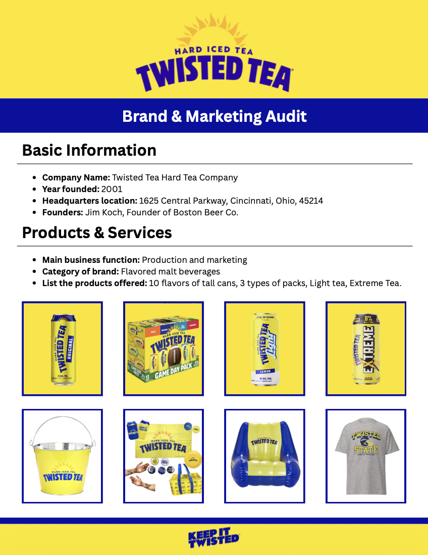 A brand and marketing audit document for Twisted Tea Hard Iced Tea, featuring product images including cans, a pack, a bucket, a beach towel, an inflatable chair, and a t-shirt, all with yellow and blue branding elements.