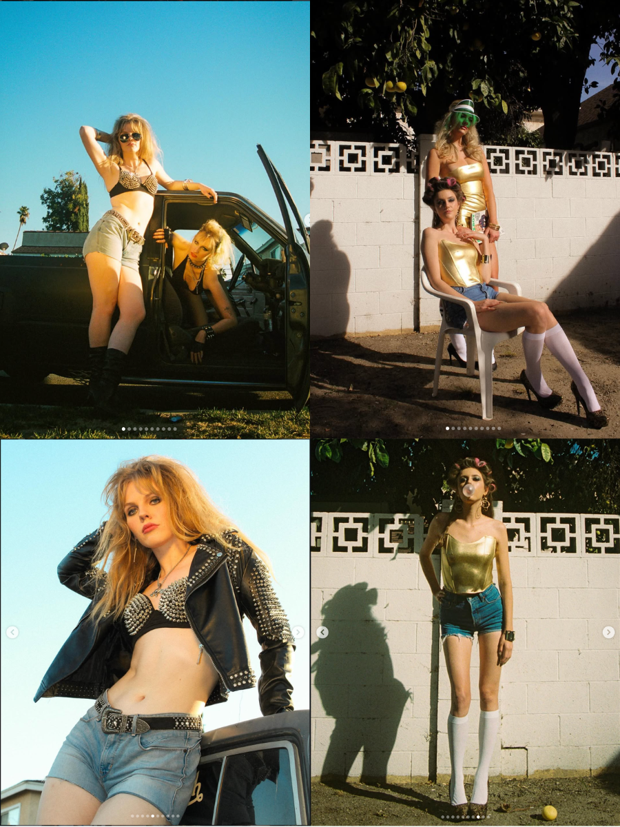 Collage of four images featuring young women in 1980s-inspired fashion with bold hairstyles and accessories, posing outdoors and near a white brick wall.