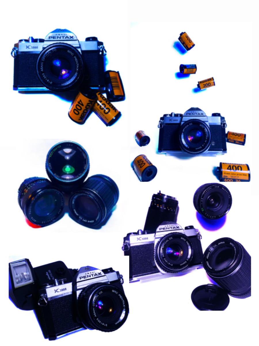 Multiple vintage Pentax cameras and camera lenses arranged with film rolls and camera accessories on a white background.