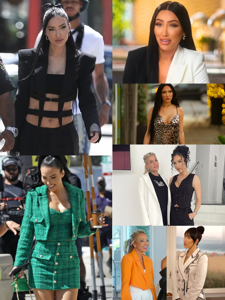 Collage of six women in various fashionable outfits, in different outdoor and indoor settings, including city streets and studio backgrounds.