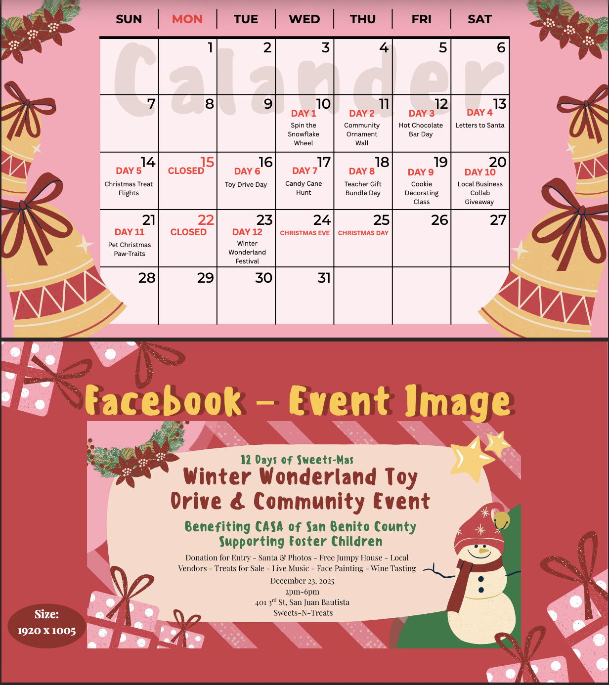 Decorative Christmas-themed calendar for December 2023, featuring holiday events marked on specific days, with festive bows, poinsettias, and snowflakes, and a promotional poster for a winter toy drive and community event benefiting CASA of San Benito County.