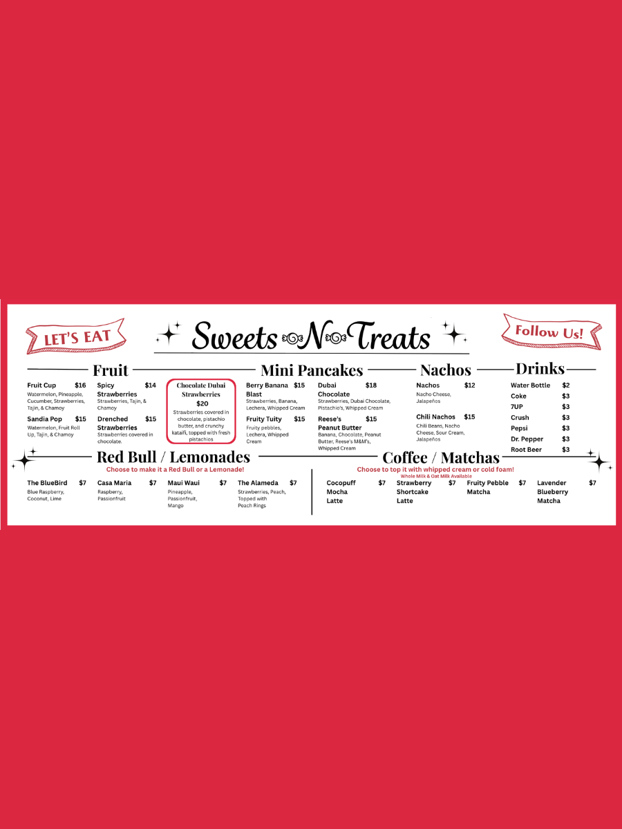 Menu for a sweets and treats shop with options for fruit cups, mini pancakes, nachos, drinks, red bull or lemonades, and coffee with matcha. Items include watermelon, strawberries, cucumber, and chi beans. Prices range from $2 to $20.