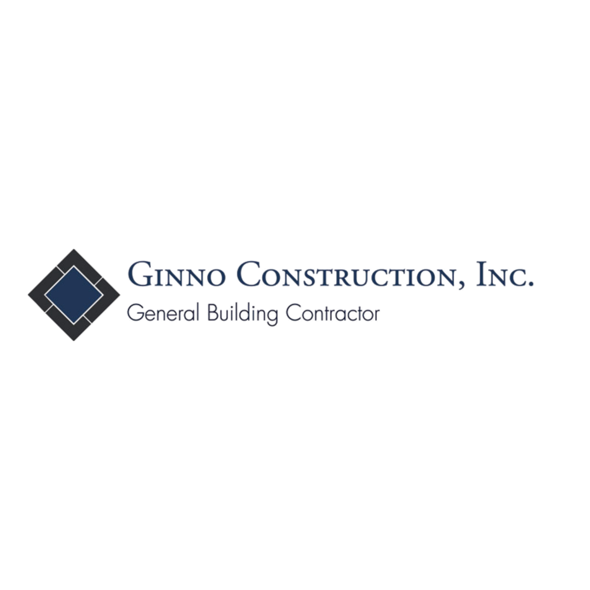 Logo for Gino Construction, Inc., a general building contractor, with a stylized diamond shape in black and blue.