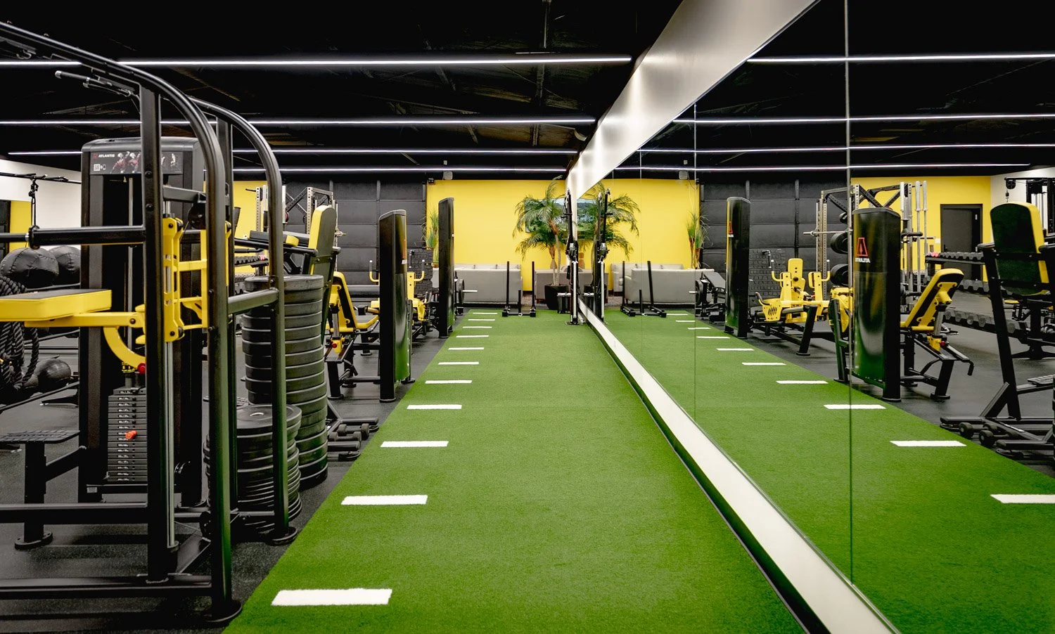 High-end home gym with indoor turf training lane, mirrored walls, and functional fitness equipment