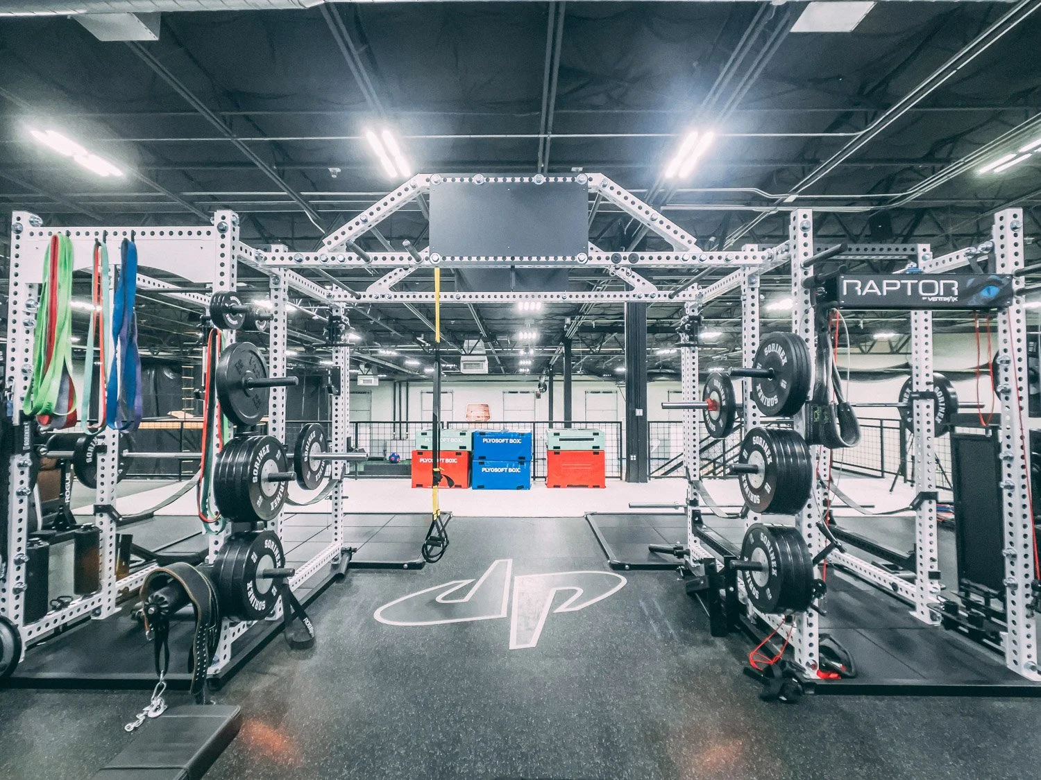 Large custom gym layout with Sorinex racks, weight plates, resistance bands, and open functional training area