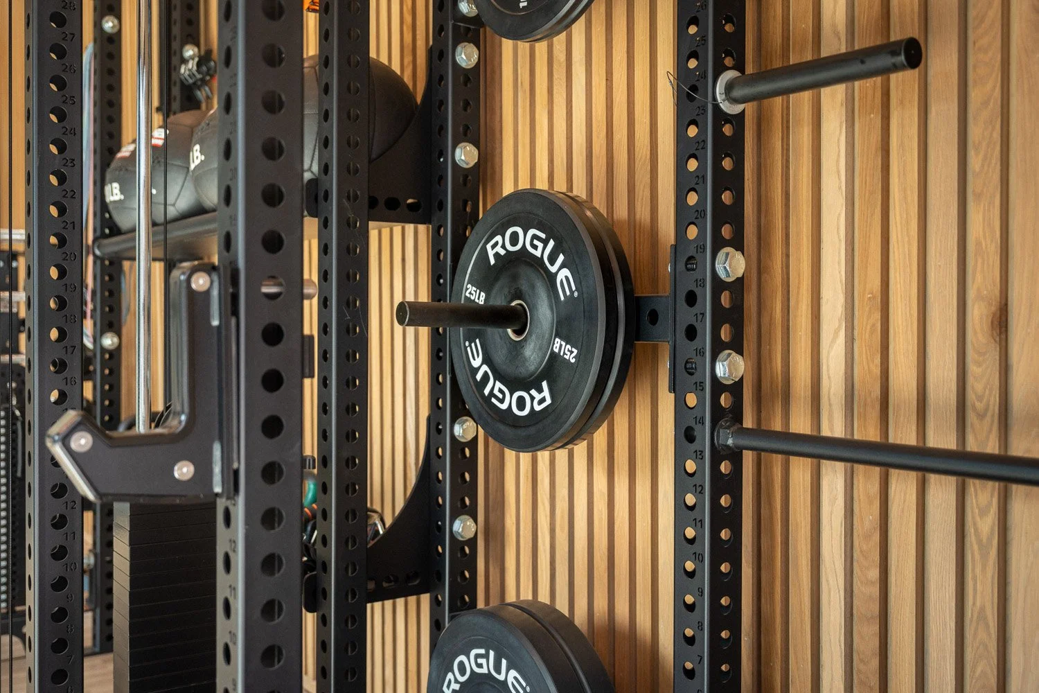 Close-up of Rogue weight plates mounted on custom rack in luxury home gym with wood slat wall