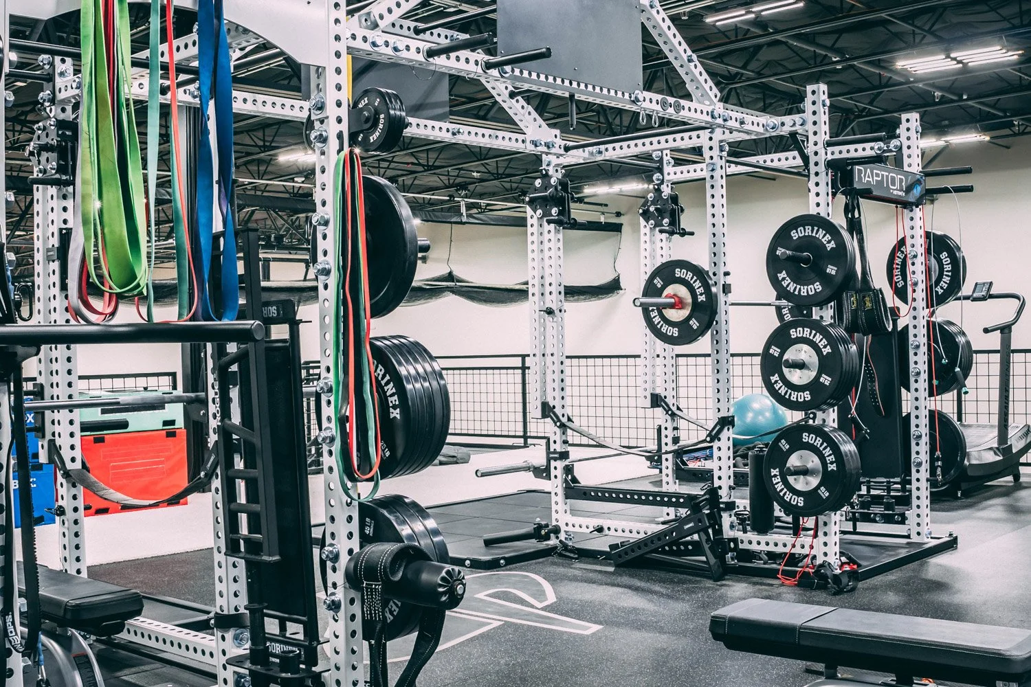 High-performance custom gym with Sorinex strength rig, resistance bands, weight plates, and functional training equipment