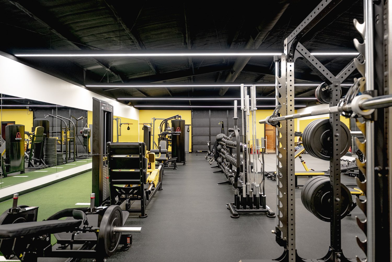 Spacious luxury home gym featuring dumbbell racks, barbells, strength machines, and modern fitness design