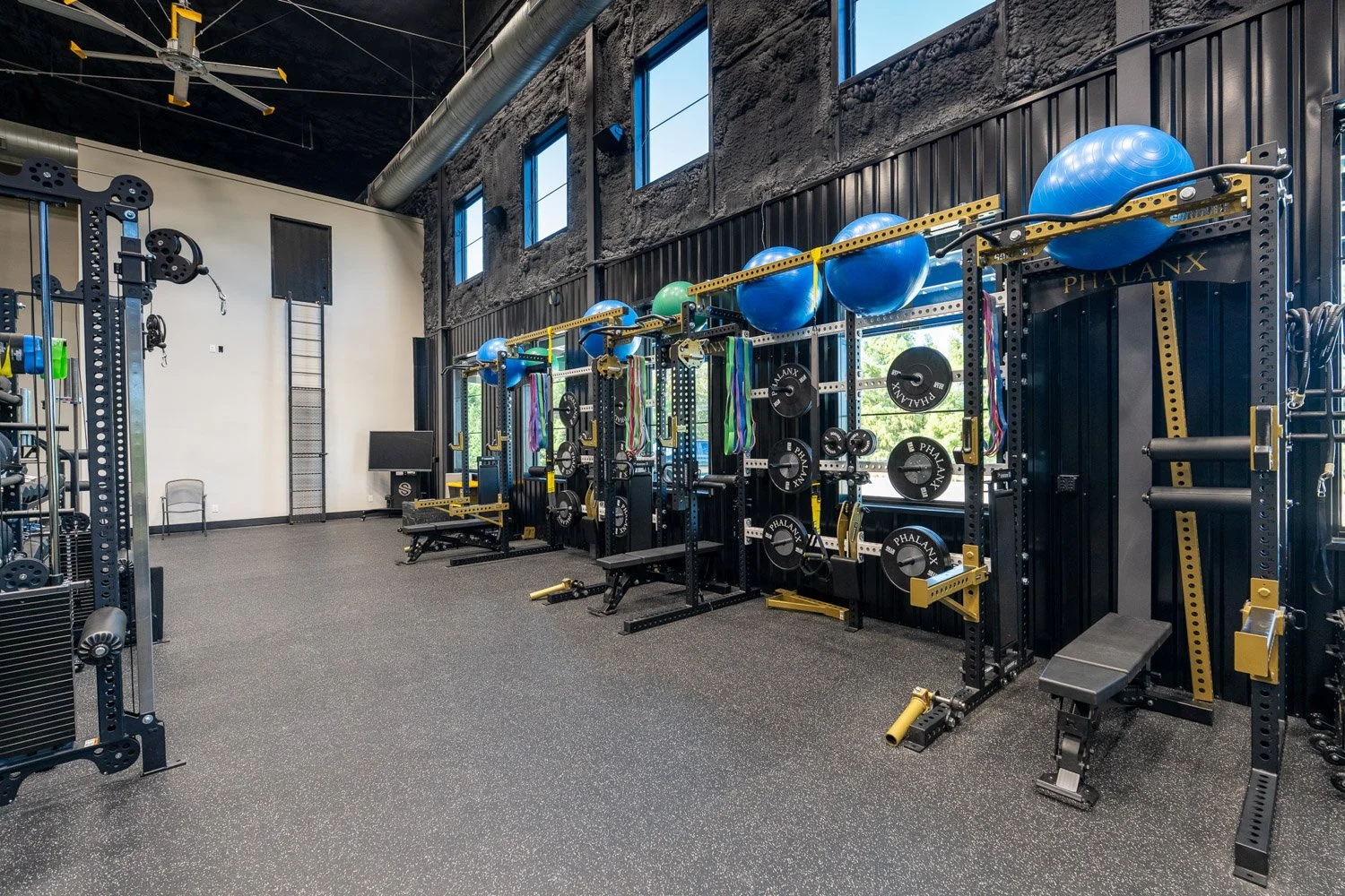 Custom training facility with multiple Sorinex strength racks, barbells, resistance bands, and stability balls in high-performance gym