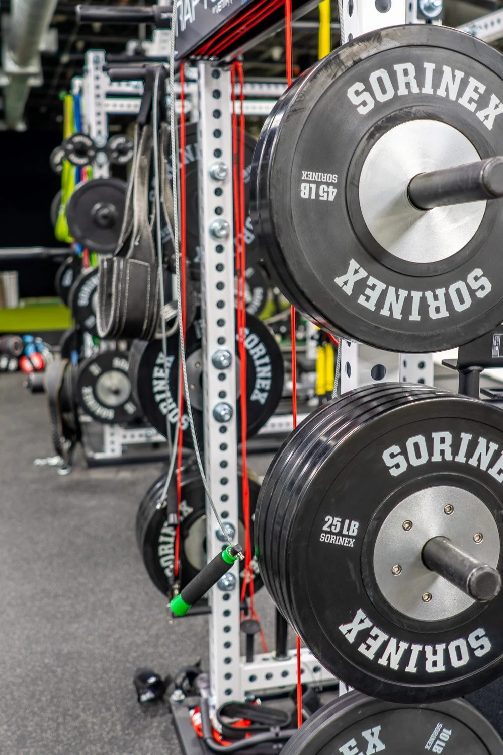Close-up of Sorinex weight plates mounted on strength rack with resistance bands and gym attachments