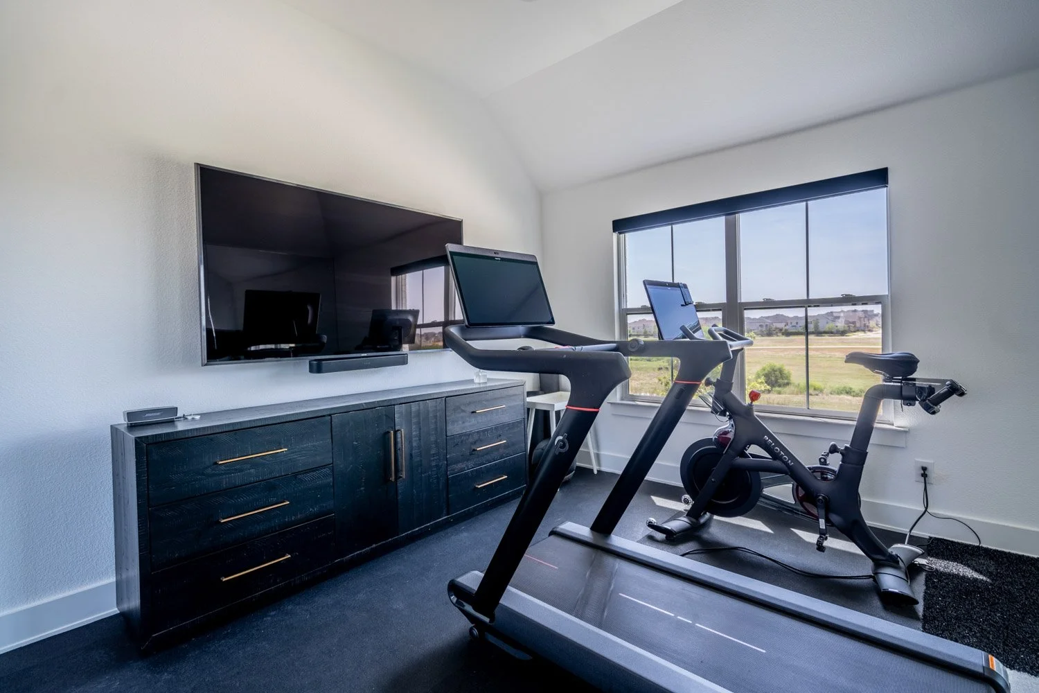 Bright home gym cardio area with treadmill, Peloton bike, wall-mounted TV, and large windows with natural light