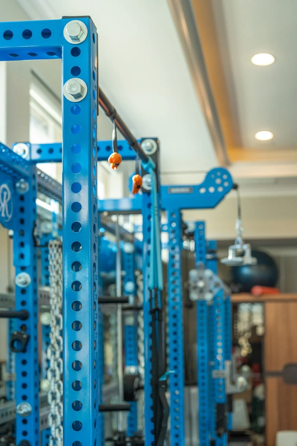 Close-up of custom blue power rack with pull-up bar and cable attachments in modern home gym