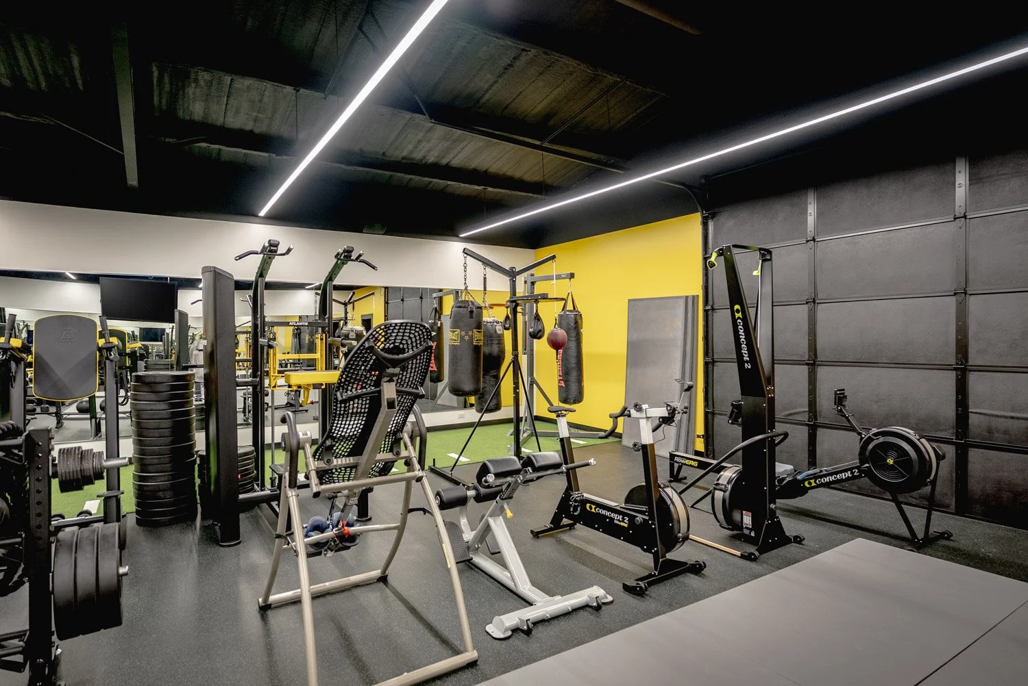 High-end home gym with rowing machines, boxing equipment, weight racks, and functional training space