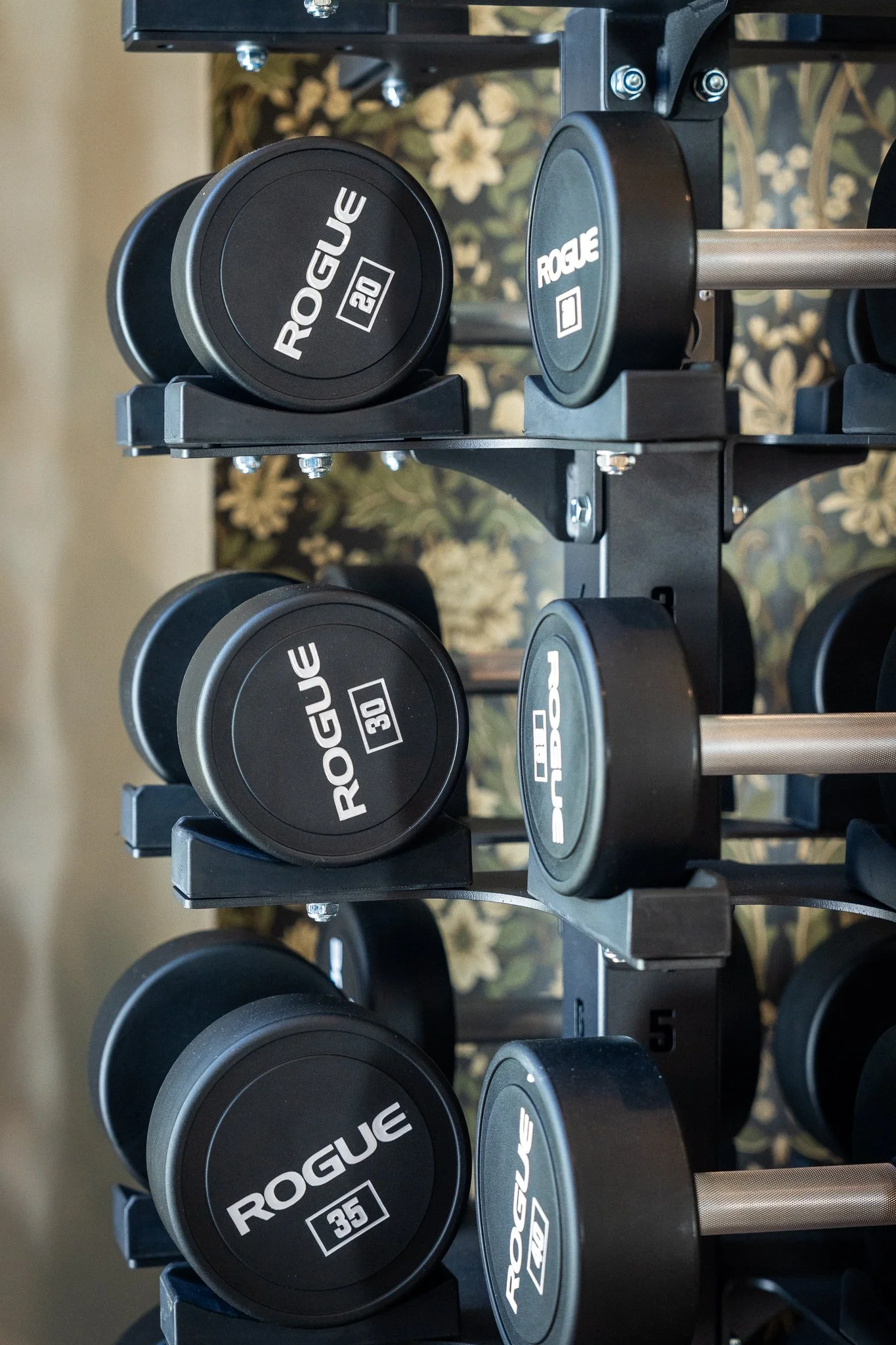 Close-up of Rogue dumbbells on vertical rack in custom home gym with decorative wallpaper background