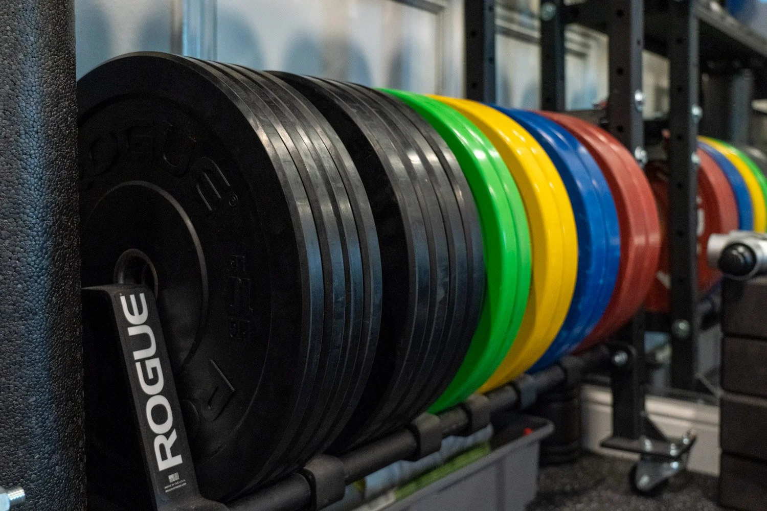 Close-up of organized Rogue weight plates and colorful bumper plates in custom home gym storage