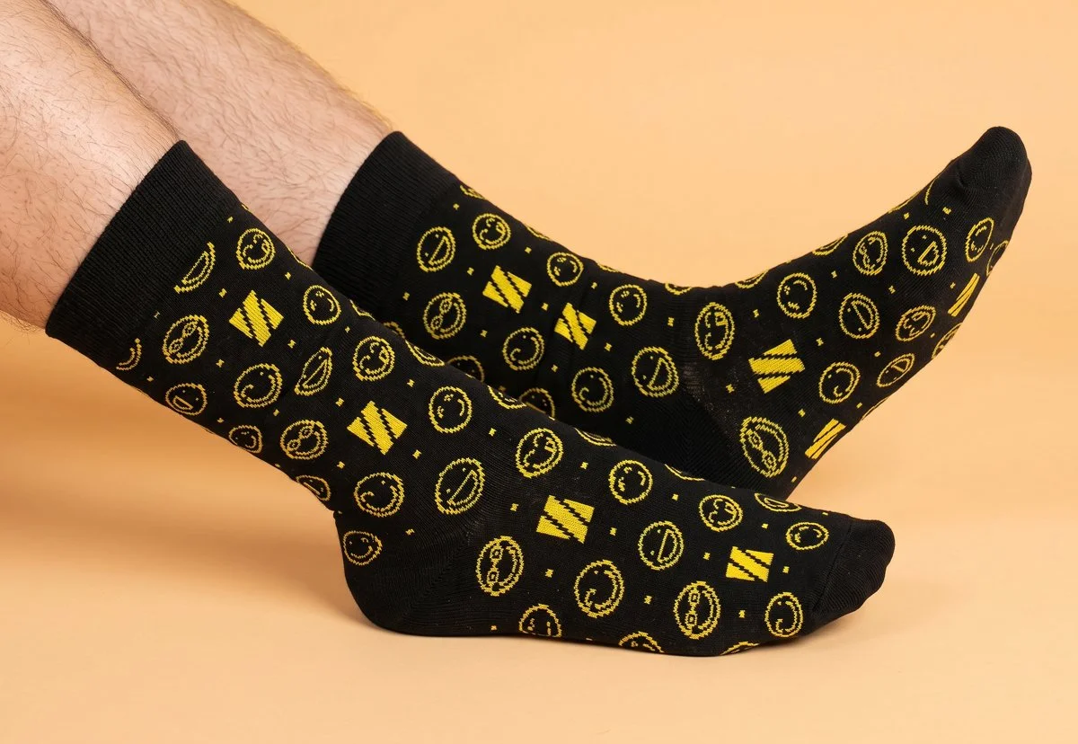 Person wearing black socks with yellow smiley faces, dollar signs, and abstract shapes, with tan skin, against a peach background.