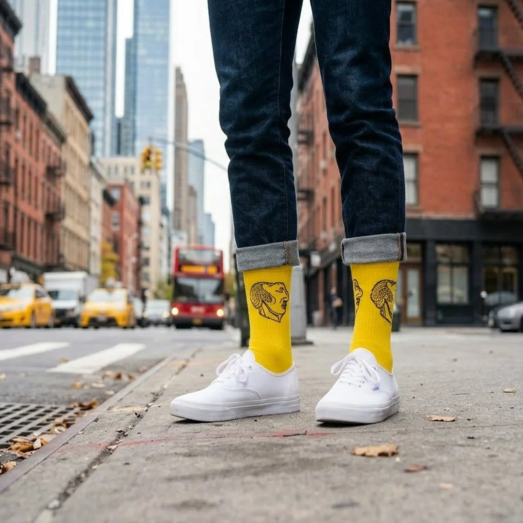Person standing on city sidewalk wearing white sneakers, rolled-up jeans, bright yellow socks with a black line drawing of a woman's profile, yellow and red city buildings and traffic in the background.