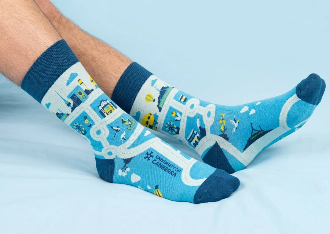 Custom 3D printed dress socks with detailed full-colour branding
