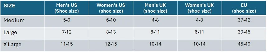 Table displaying shoe size conversions for different regions and sizes: Medium, Large, and Extra Large.