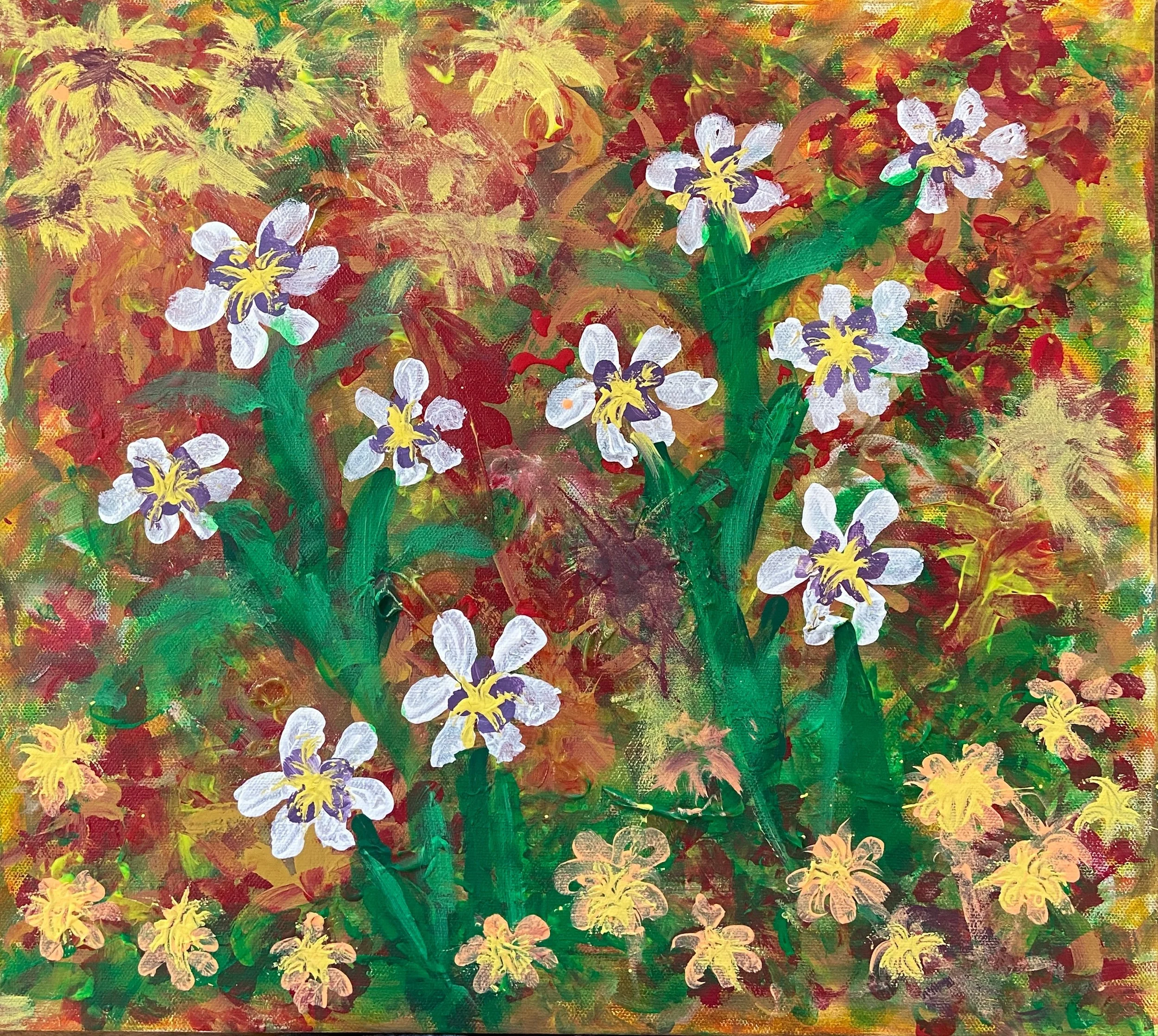 A painting by Natalie Warren, showing white blooming flowers with white petals, with purple and yellow centers, with a background of green stems, with surrounding yellow and orange flowers.