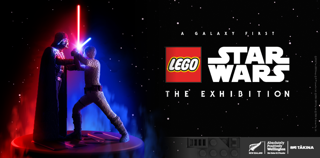LEGO® Star Wars: The Exhibition at Tākina Wellington Convention and Exhibition Centre featuring life-sized LEGO Star Wars characters.