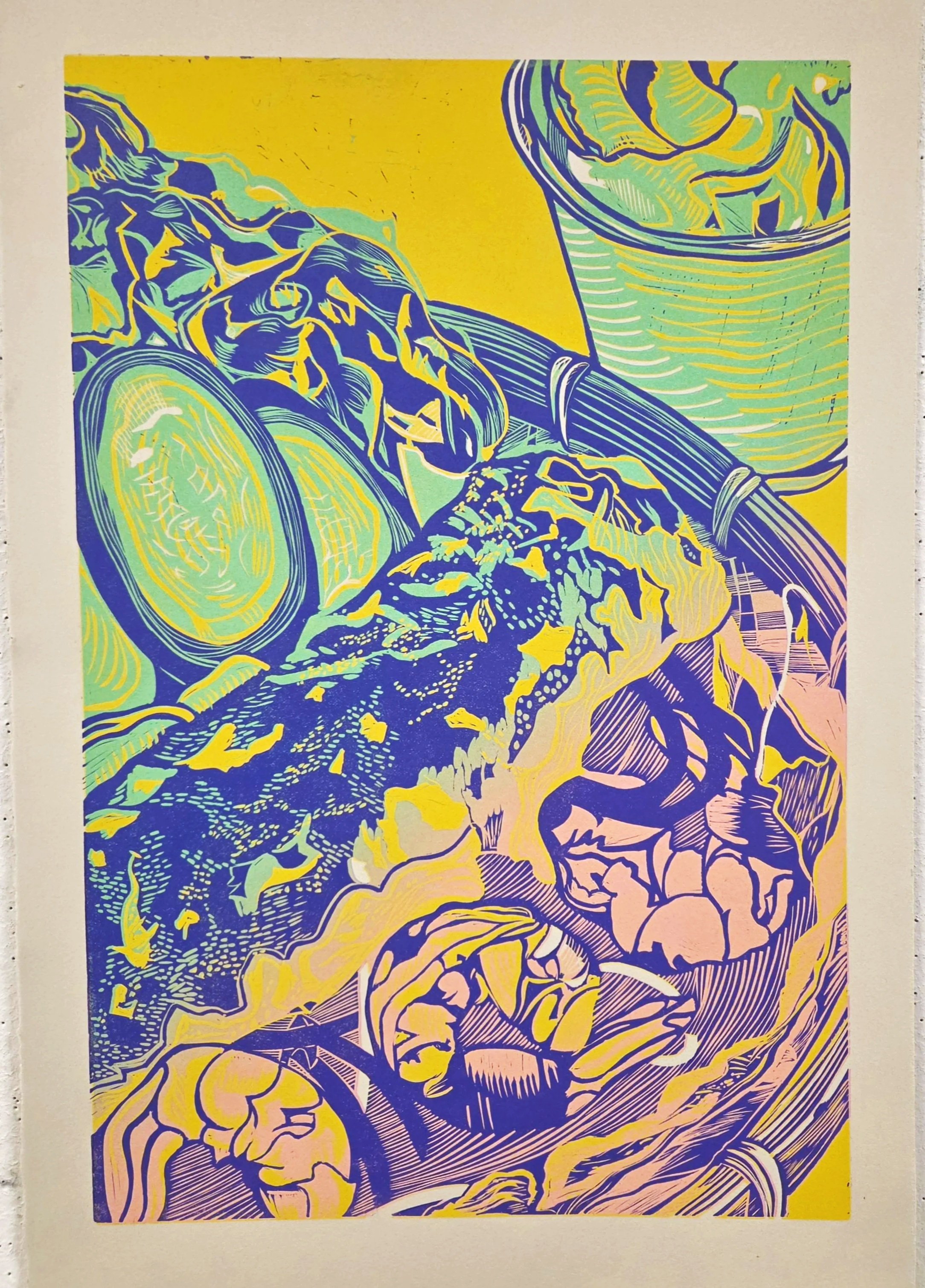 "Banh Xeo with Sinh To Bo", Three-Layer Reduction Lino, 15"x22", 2026