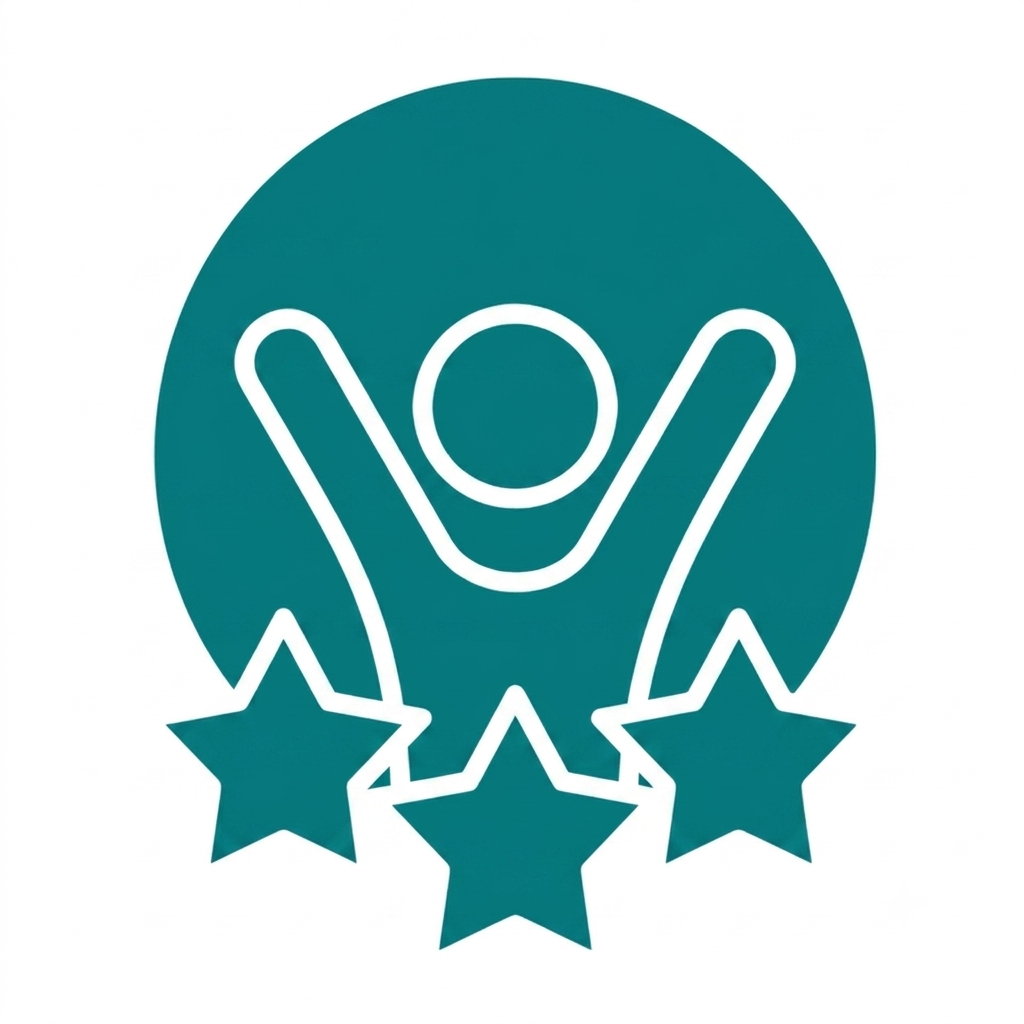 Icon of a person with arms raised, surrounded by four stars, on a teal circular background.