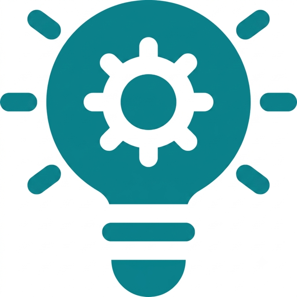 A stylized teal light bulb icon with a gear in the center, surrounded by smaller oval shapes.