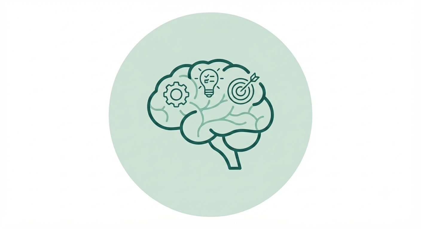 Illustration of a human brain with icons inside representing a gear, light bulb, and target.