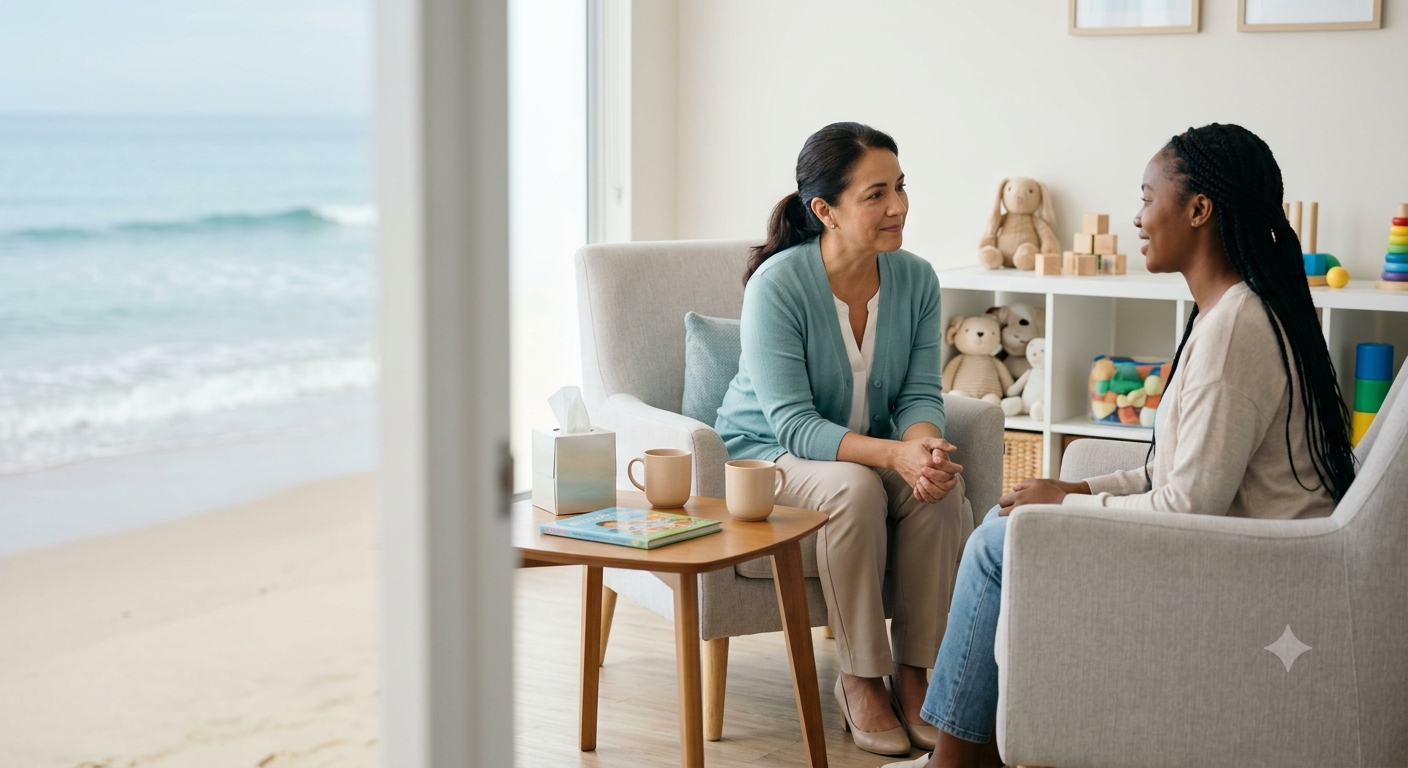 Two women having a conversation in a cozy living room with a view of the beach through a glass door, featuring toys and stuffed animals on shelves in the background.
