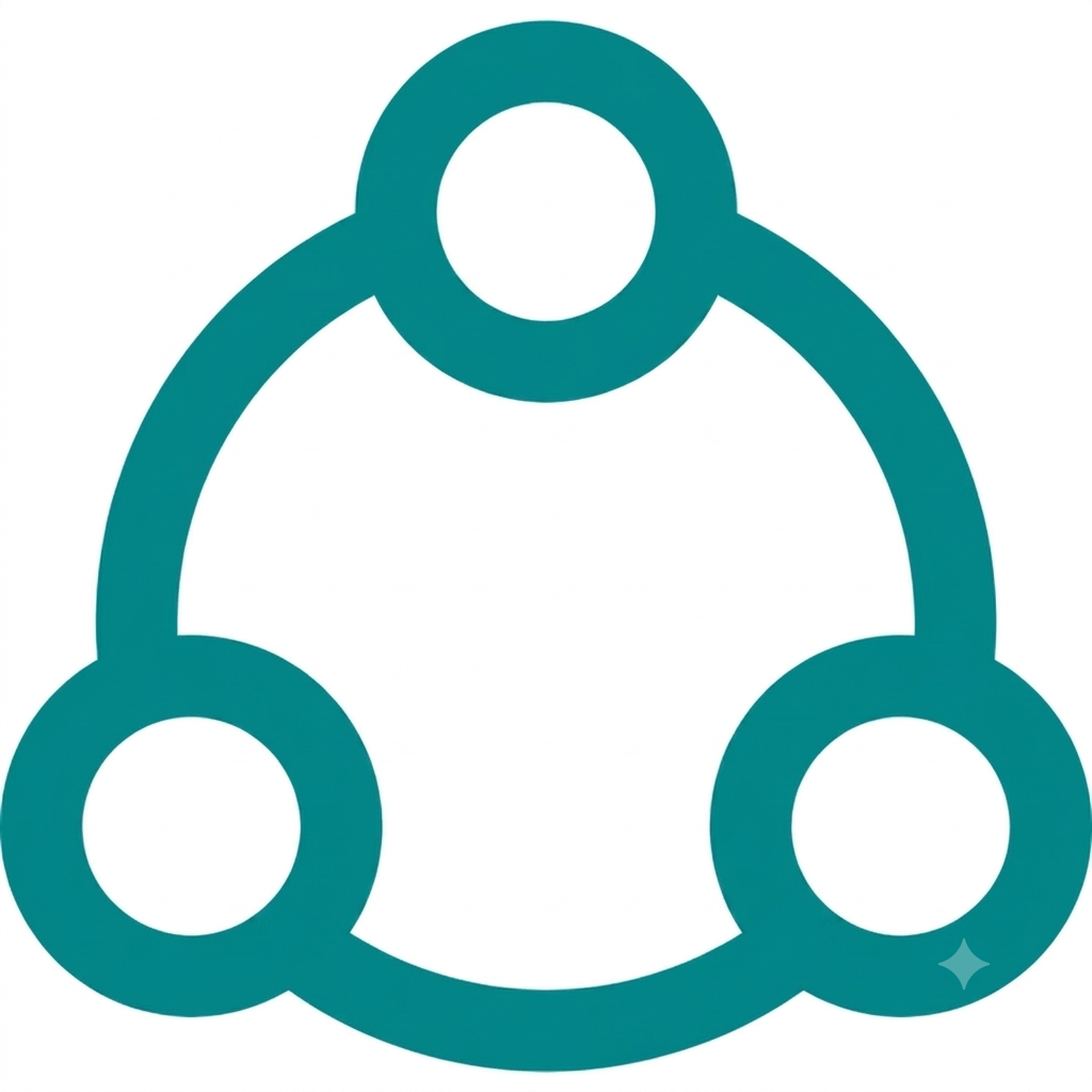 A stylized teal icon representing a network or connection, with three interconnected circles forming a triangle.