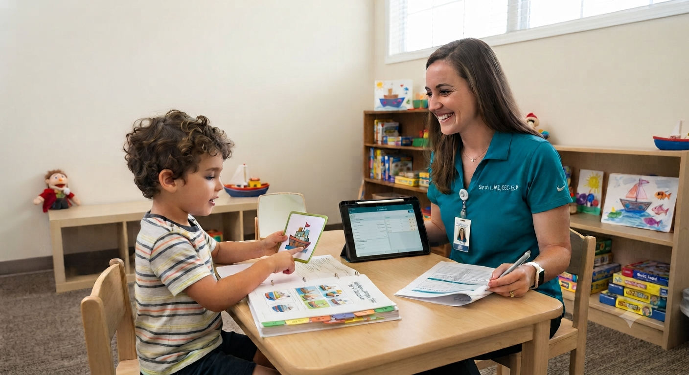 A young boy and a woman teacher sitting at a wooden table in a classroom. The boy is holding up a card with a boat on it, and an open educational book is in front of him. The teacher is smiling, holding a pen, and has a tablet on the table. The classroom background has shelves with toys and children's artwork.