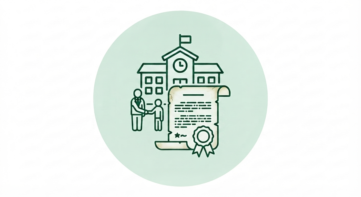 Illustration of a school building with a clock, a handshake, and a certificate or diploma with a seal in front of the school.