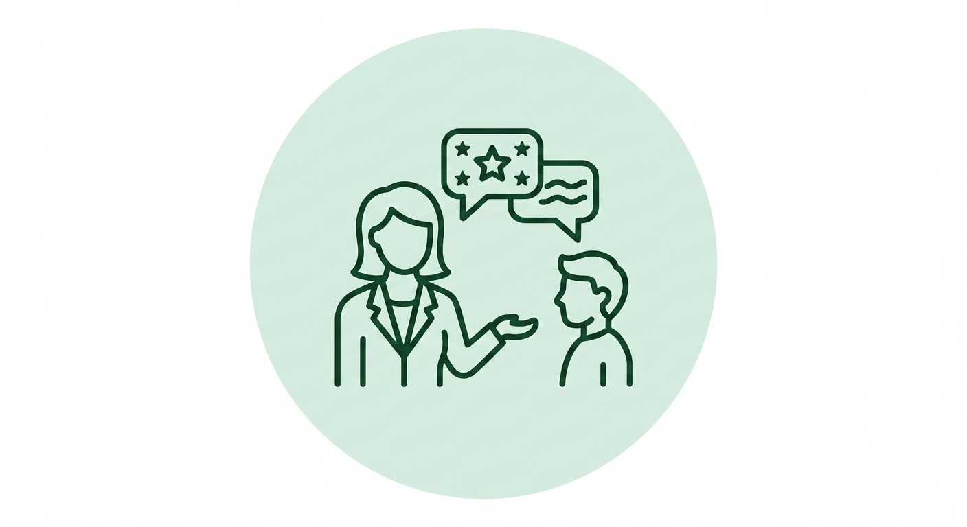 Line drawing of a woman and a man talking, with speech bubbles above their heads indicating conversation.