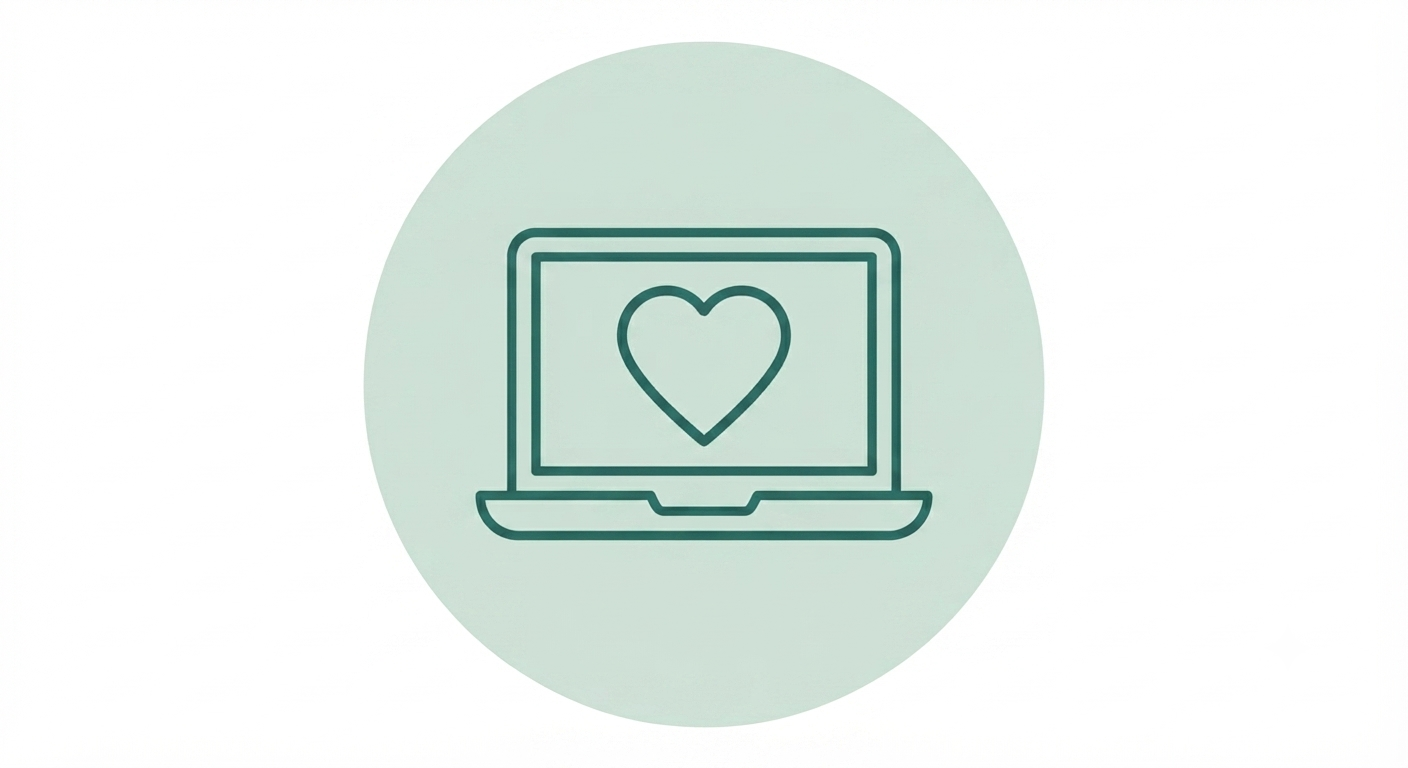 Outline of a laptop with a heart on the screen, set against a light green circular background.