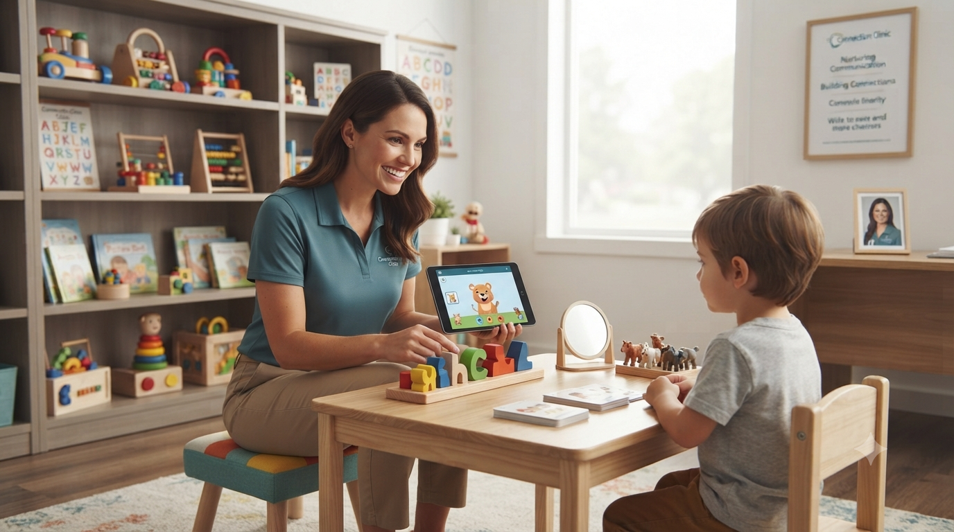 A young female therapist or teacher smiling while talking to a young boy at a small wooden table in a therapy or learning room filled with educational toys, books, and a whiteboard on the wall.
