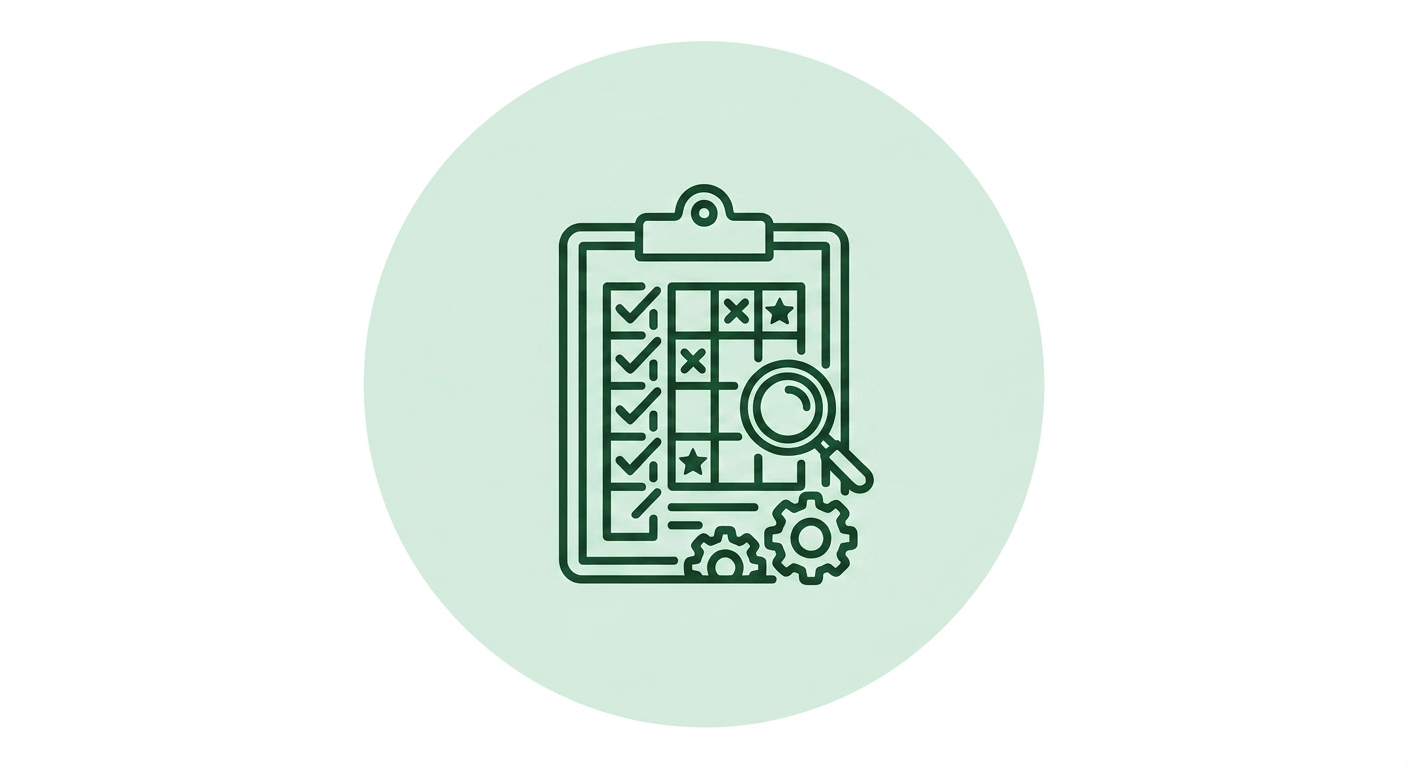 Line drawing of a clipboard with a checklist, magnifying glass, and gears.