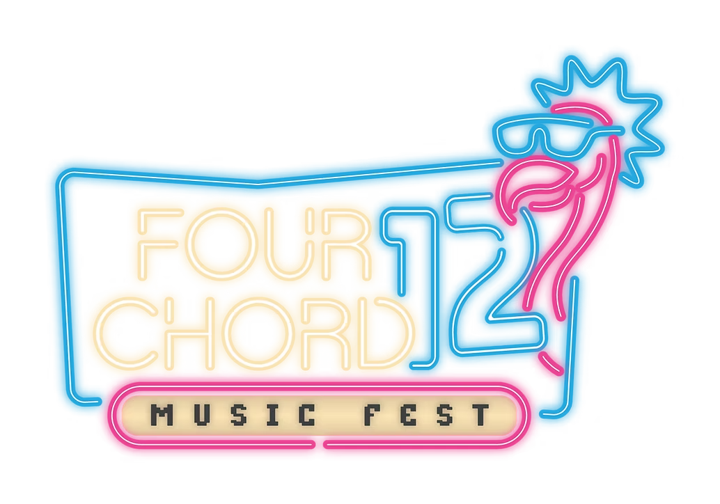 A neon sign for the Four Chord Music Fest featuring a stylized guitar with a flaming top in pink, blue, and yellow colors.
