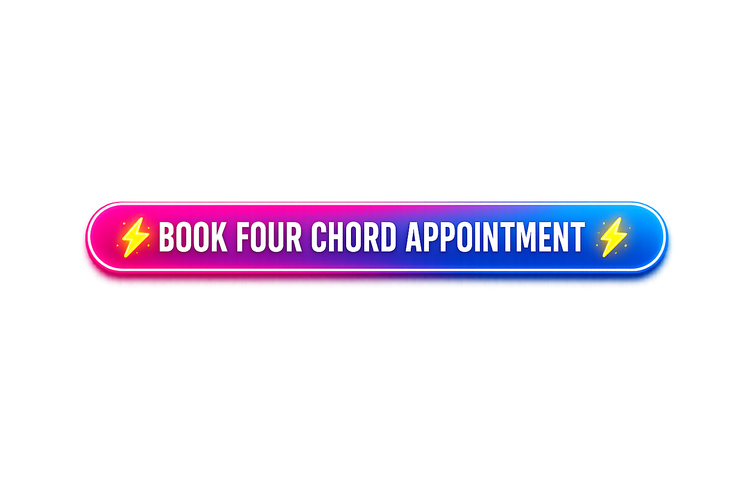 A neon sign with pink and blue colors displaying the message, 'Book four chord appointment,' with yellow lightning bolt icons on both sides.
