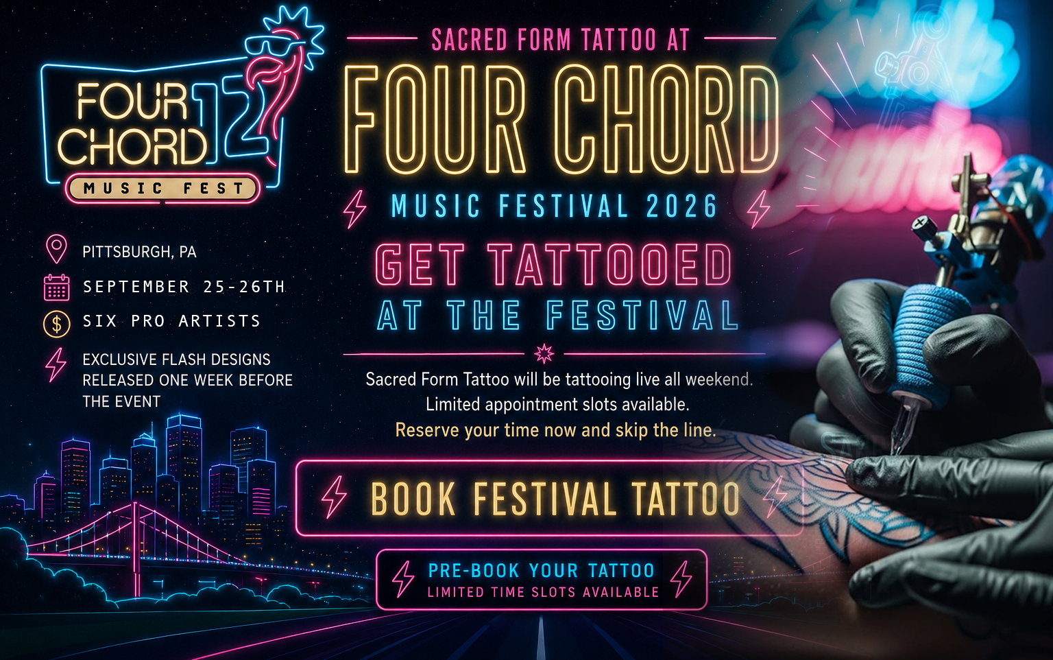 A promotional neon-lit poster for the Four Chord Music Festival 2026 featuring a tattoo event. The poster displays a city skyline, a bridge, and a tattoo artist's hand with a tattoo machine working on a colorful tattoo. The text promotes tattoo bookings and festival details, including dates, location, and special features like flash designs and interviews with professional artists.