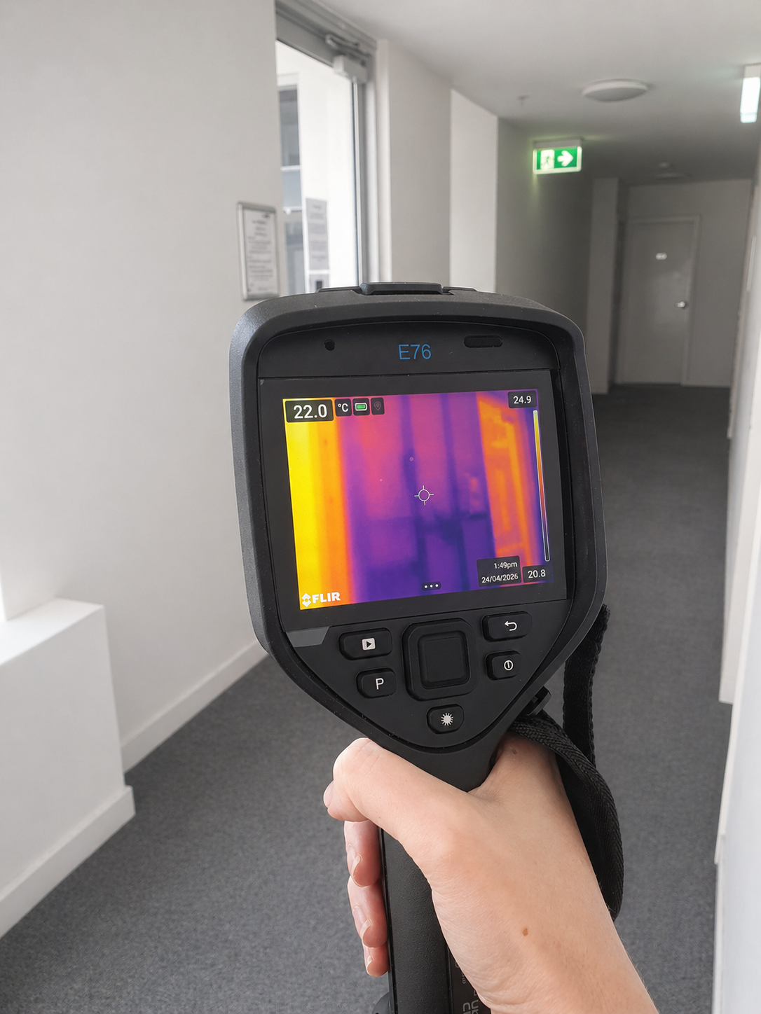 Hand holding a thermal imaging camera displaying a thermal scan of an indoor hallway with white walls and grey carpet, showing temperature variations from 20.8°C to 24.9°C.