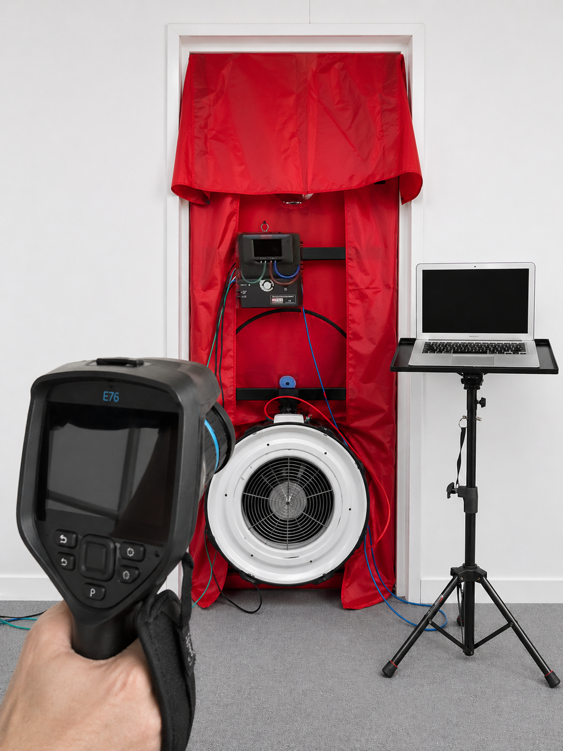 A person holding a remote control in front of a red radiation shield surrounding a medical imaging machine, with a computer on a stand to the right.