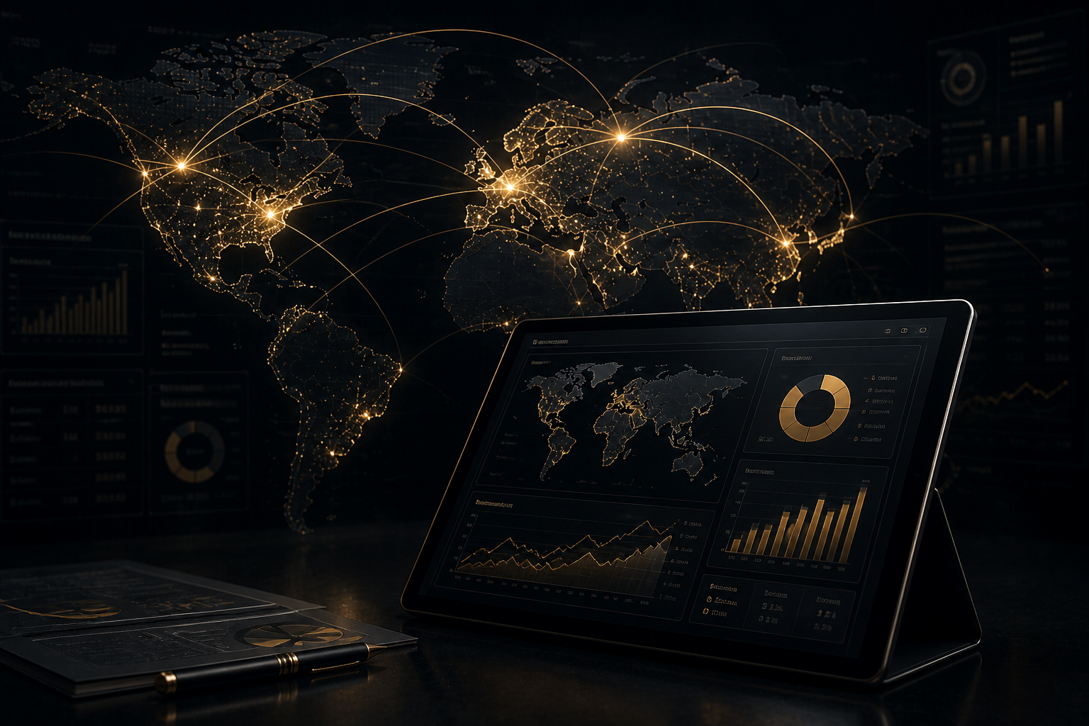 Dark-themed digital world map with interconnected glow lines, data charts, and graphs on a tablet and notebook on a desk. Digital world map with data analytics on tablet and workstation.