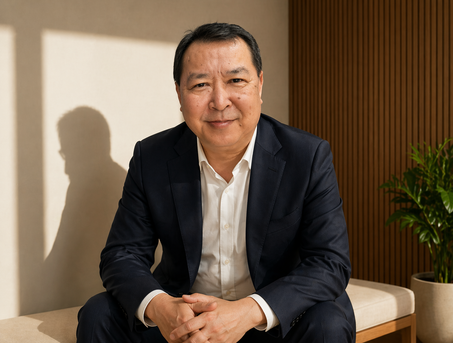 Director of Engineering, Azaar Group portrait. A man in a suit sitting indoors with sunlight casting shadows on the wall behind him, next to a potted plant on a wooden surface.