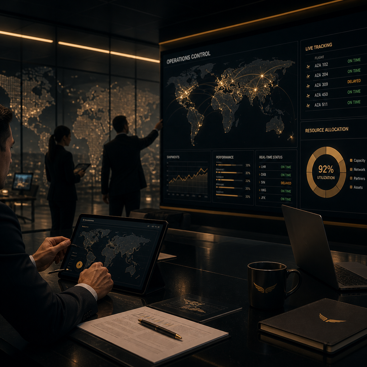 Business professionals analyzing global operations on large screens and tablets in a high-tech office, with world maps and data visualizations on displays.