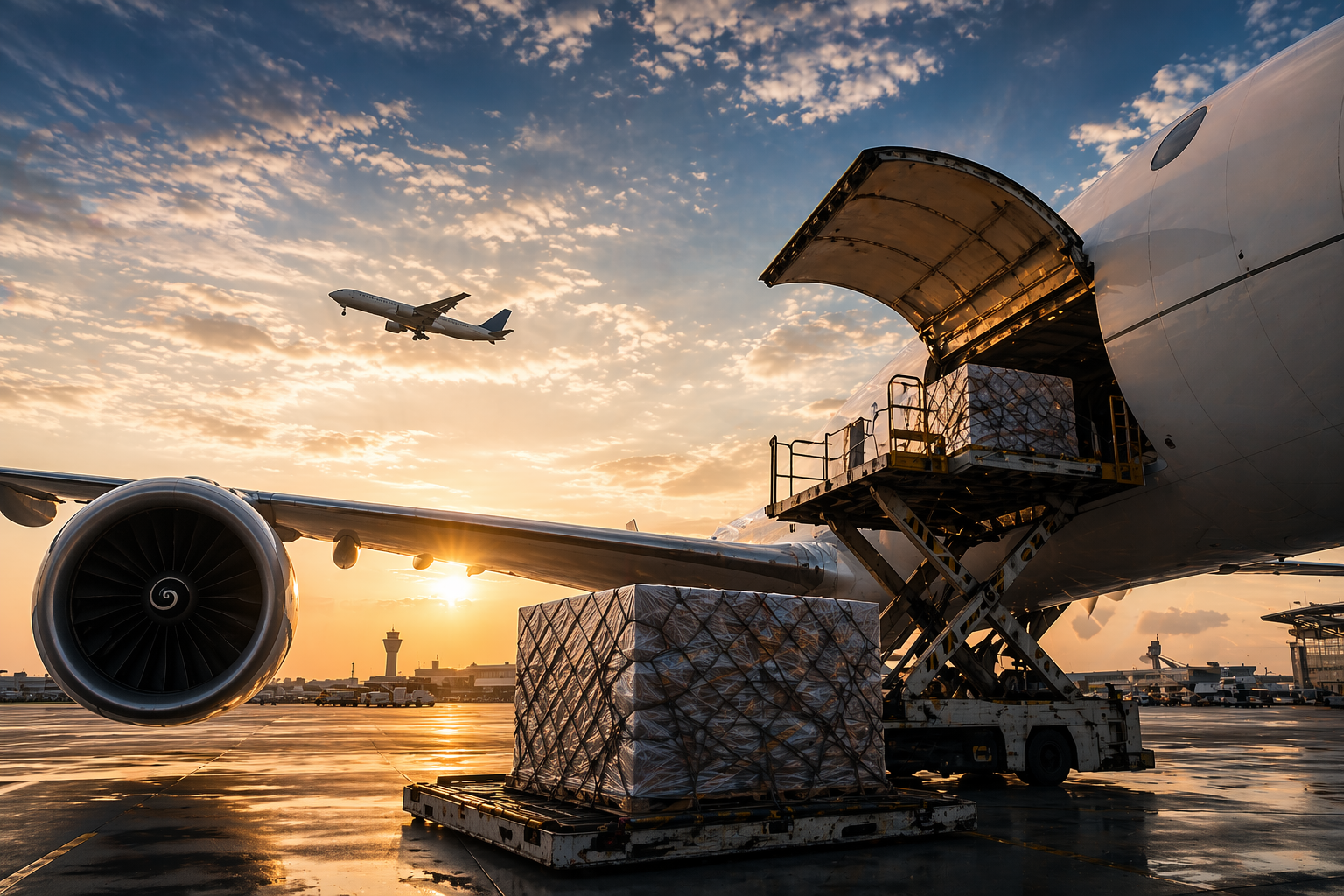Cargo aircraft loading freight at airport during sunset.