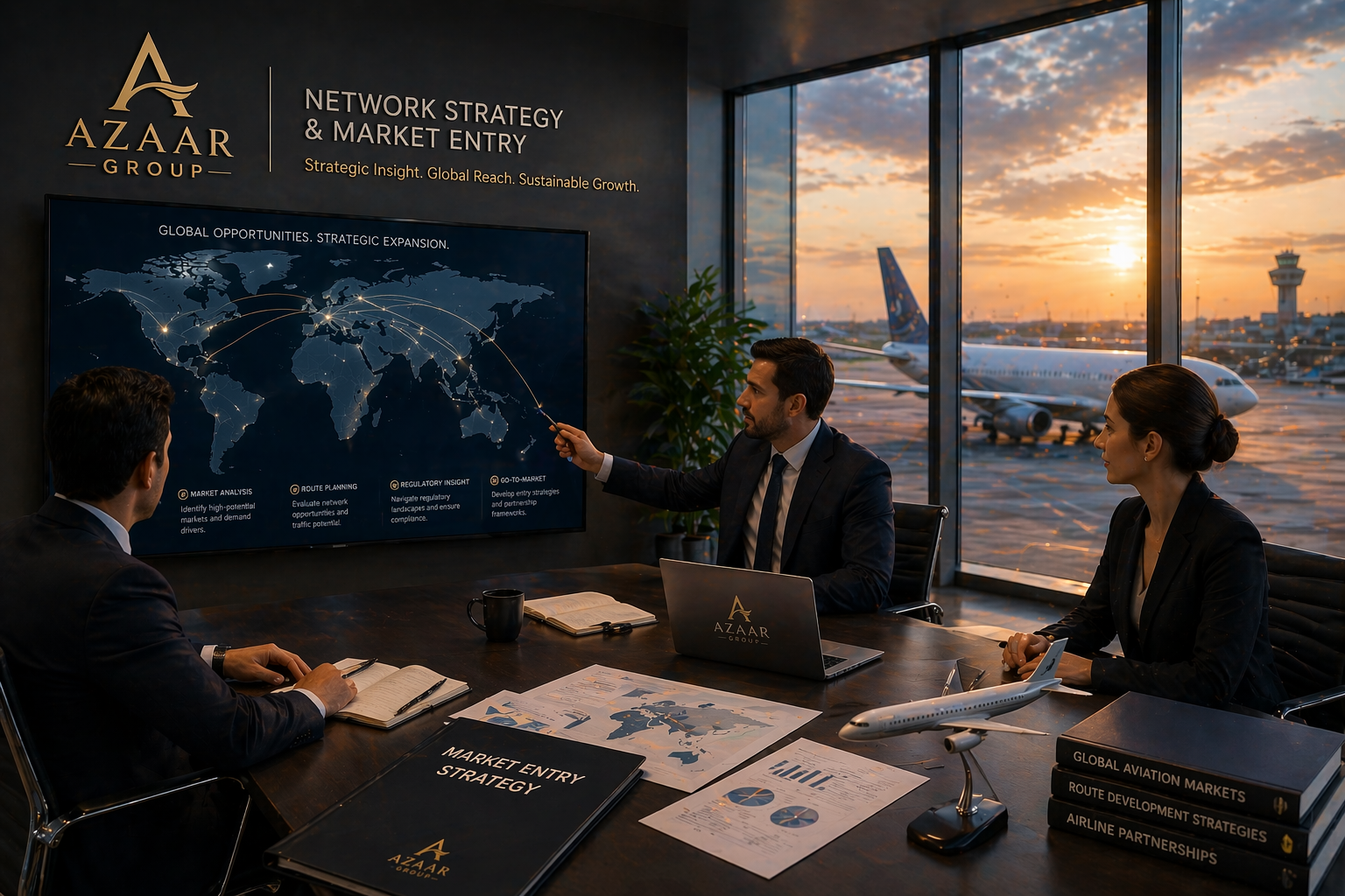 Business meeting in an airport conference room with three professionals discussing market strategy, with a world map on screen, documents on the table, and an airplane outside the window at sunset.